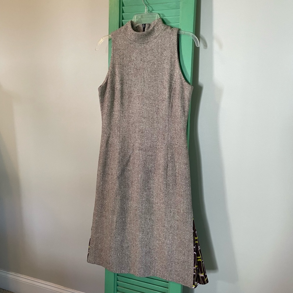 70s Vintage! Light brown wool dress with colorful pop of fabric